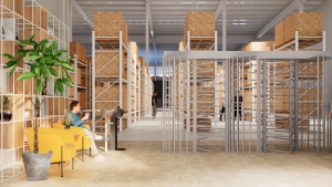 Recepção interna com controle de acesso por catracas, poltronas de espera, estante expositiva e, ao fundo, área de armazenagem com estantes industriais e pallets.