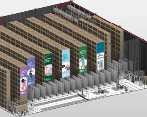 Perspectiva em 3D do projeto de centro de distribuição da Raia Drogasil em Manaus (AM), com sistemas de armazenagem vertical, comunicação visual e infraestrutura completa.