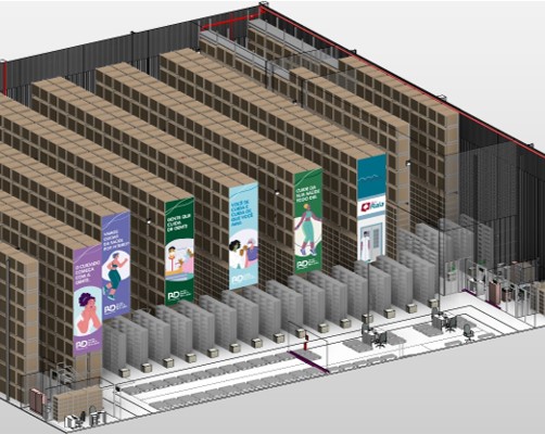 Perspectiva em 3D do projeto de centro de distribuição da Raia Drogasil em Manaus (AM), com sistemas de armazenagem vertical, comunicação visual e infraestrutura completa.