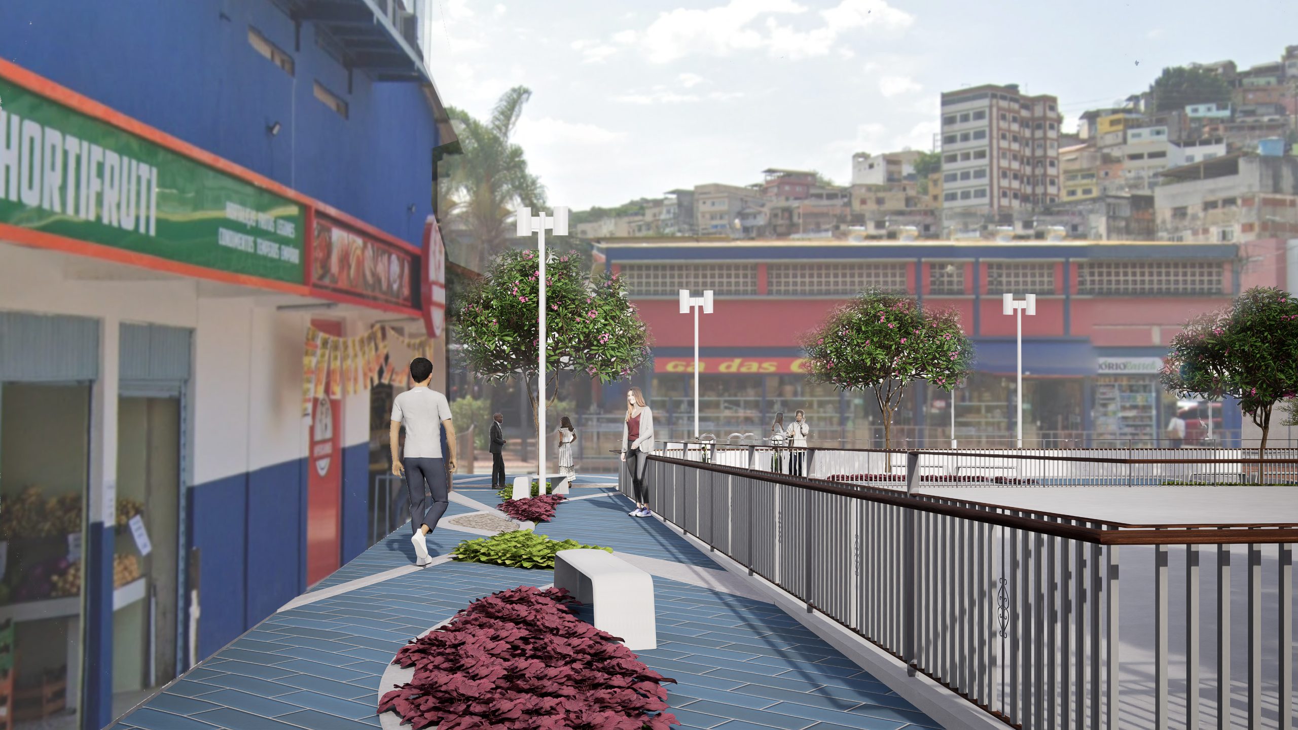 Calçada requalificada na Vila Rubim com piso tátil, arborização, mobiliário urbano e acesso ao comércio local