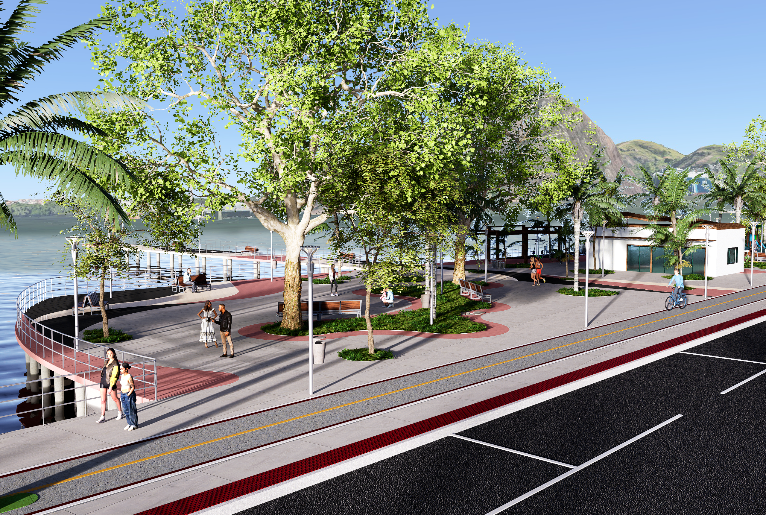 Espaço arborizado com deques, ciclovia e módulo de apoio em frente à Baía de Vitória