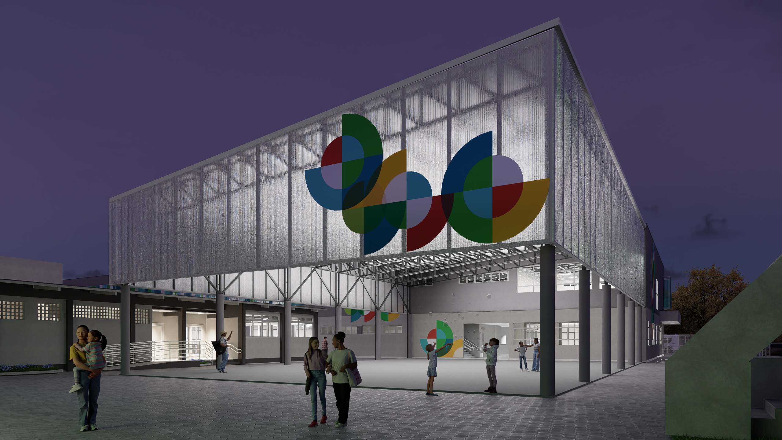 Quadra coberta com fechamento metálico perfurado e logotipos iluminados em fachada institucional