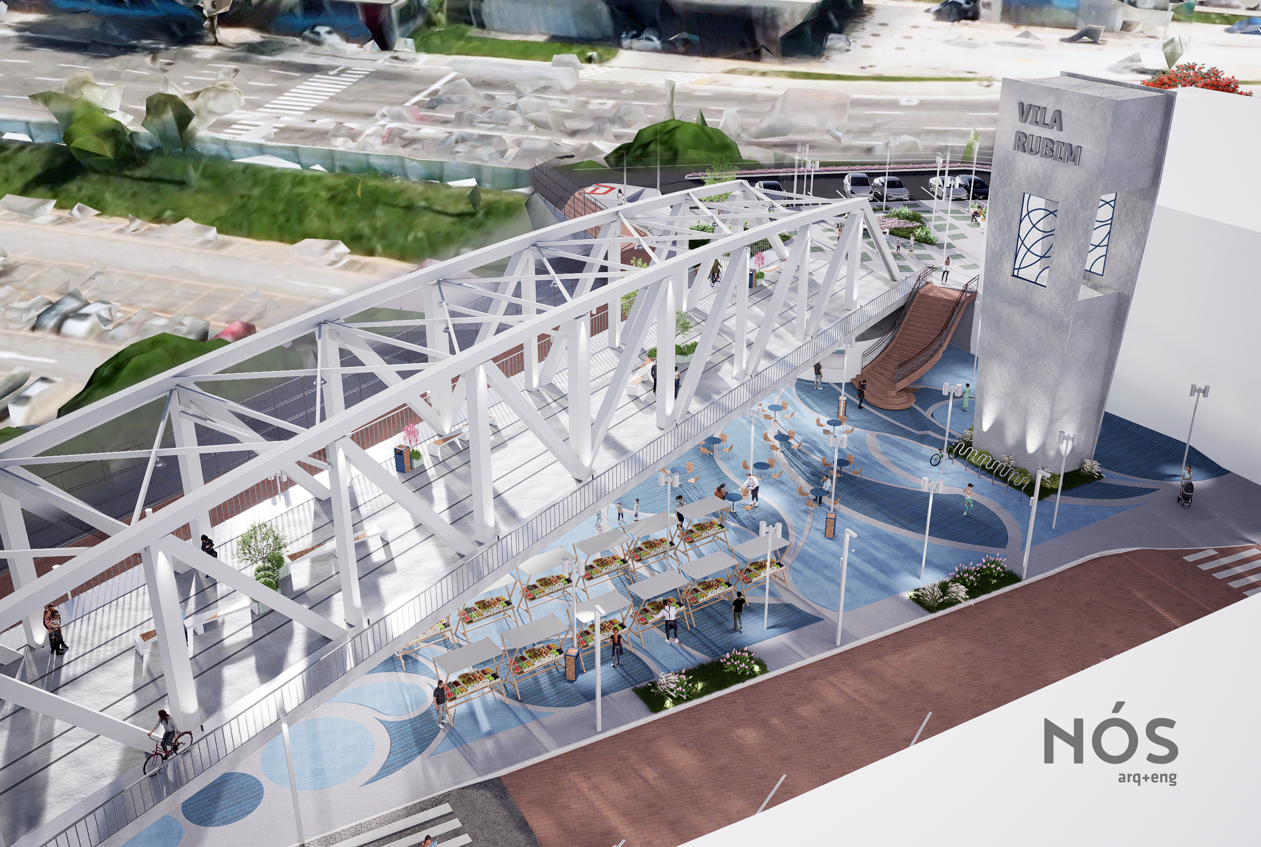 Ponte seca elevada e praça ativa com feira livre e mobiliário urbano na proposta para a Vila Rubim