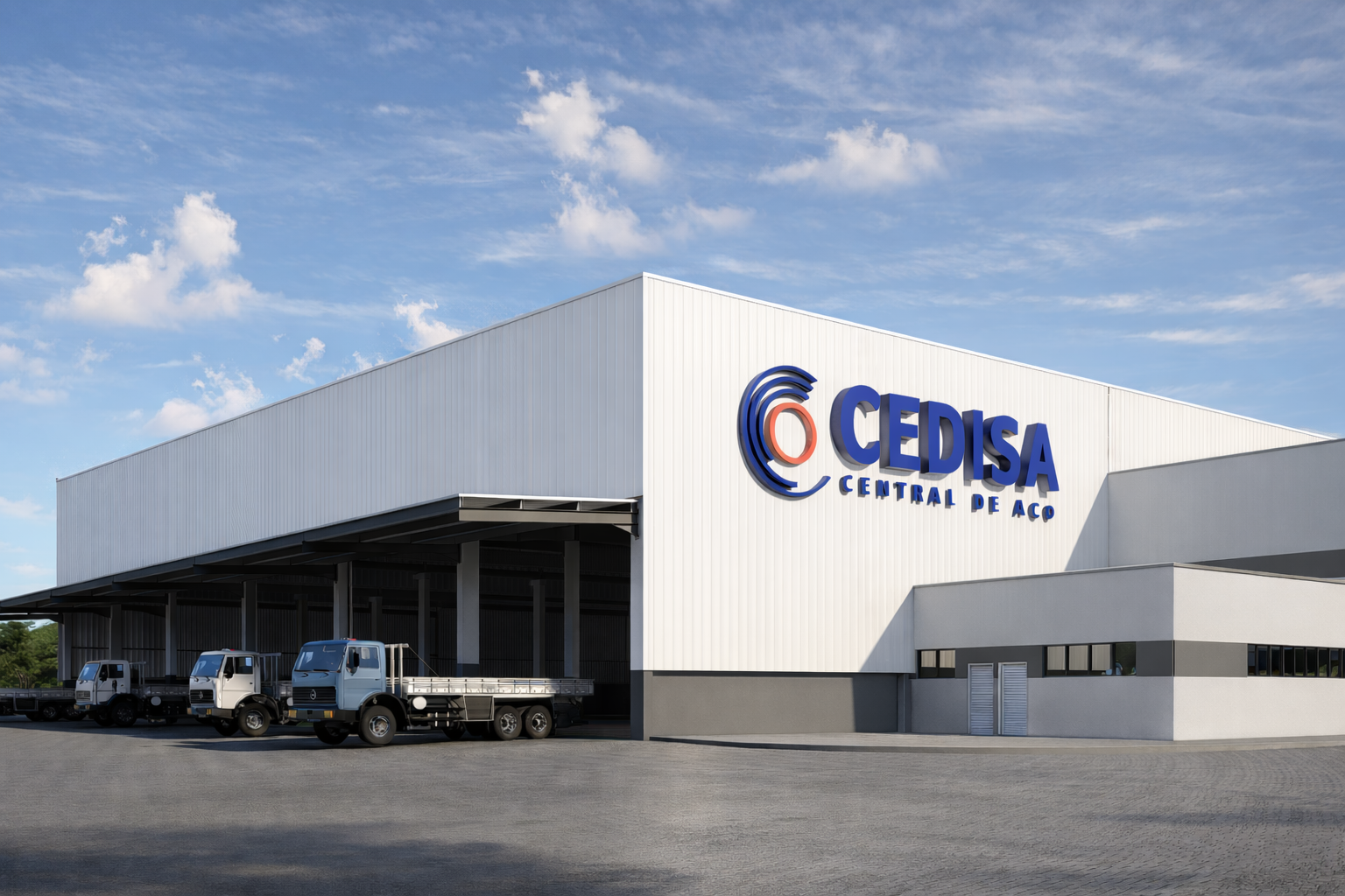 Fachada de galpão industrial Cedisa com painéis metálicos e docas cobertas para carga e descarga no setor industrial