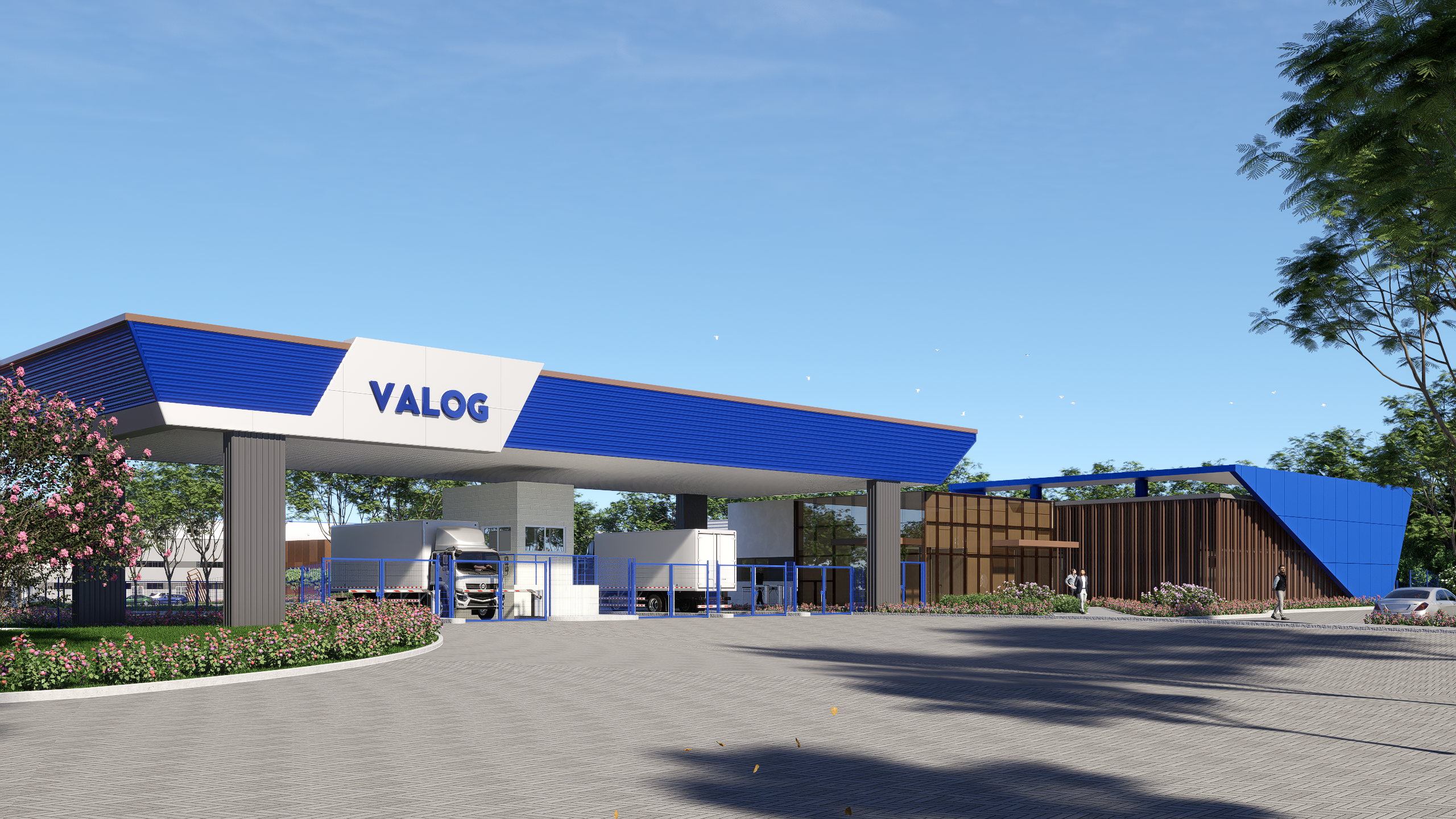 Fachada principal da fábrica da CEDISA com pórtico metálico moderno, cobertura em estrutura azul e vermelha, estacionamento arborizado e área de acesso a caminhões.