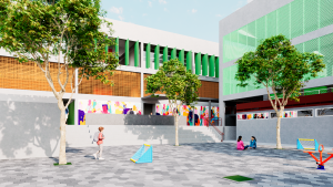Pátio central da Escola Vista do Mestre com área de convivência e recreação.