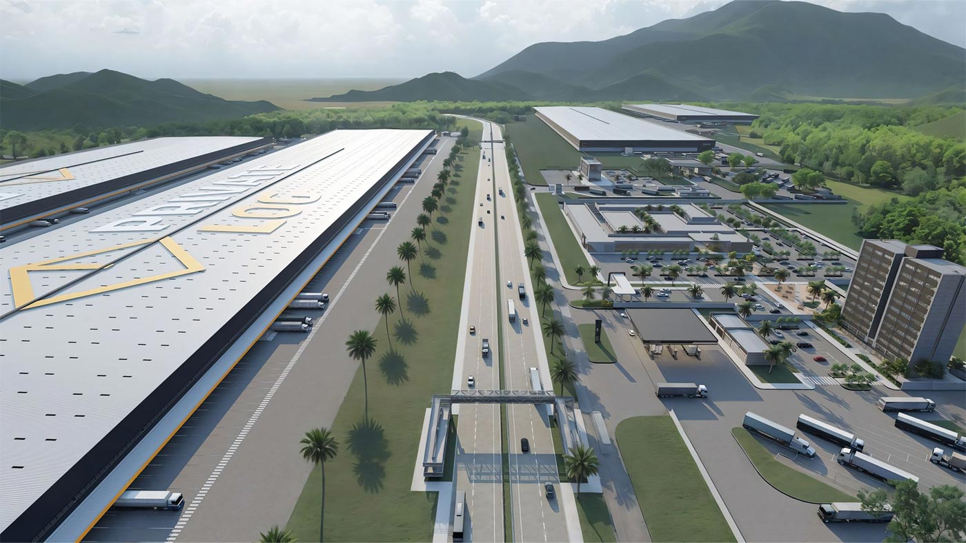 infraestrutura logística com galpões e rodovia contorno mestre álvaro