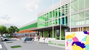 Fachada escolar em concreto aparente com brises verticais verdes e cobogós cerâmicos; acesso com marquise e escadas.