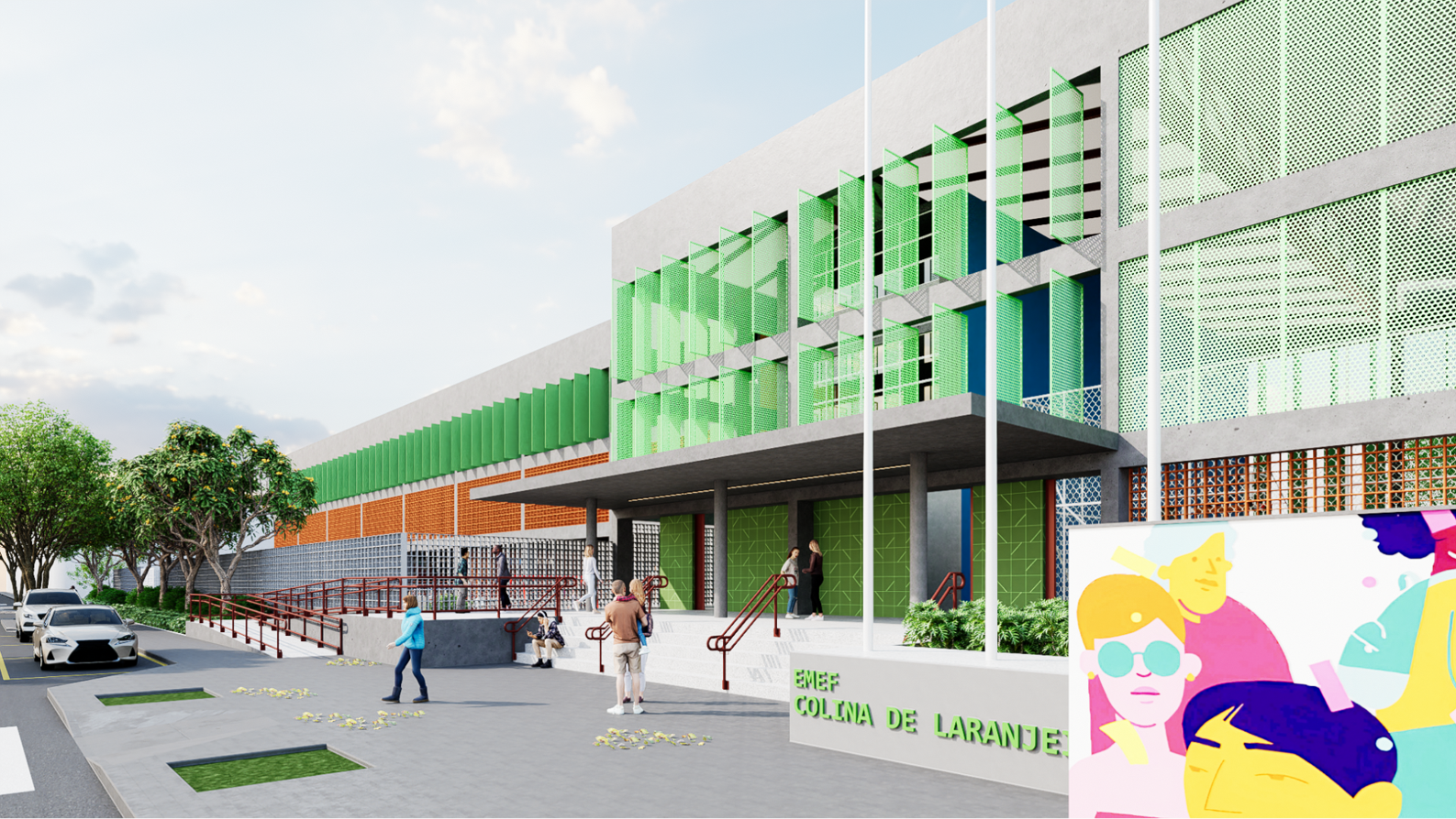 Fachada escolar em concreto aparente com brises verticais verdes e cobogós cerâmicos; acesso com marquise e escadas.