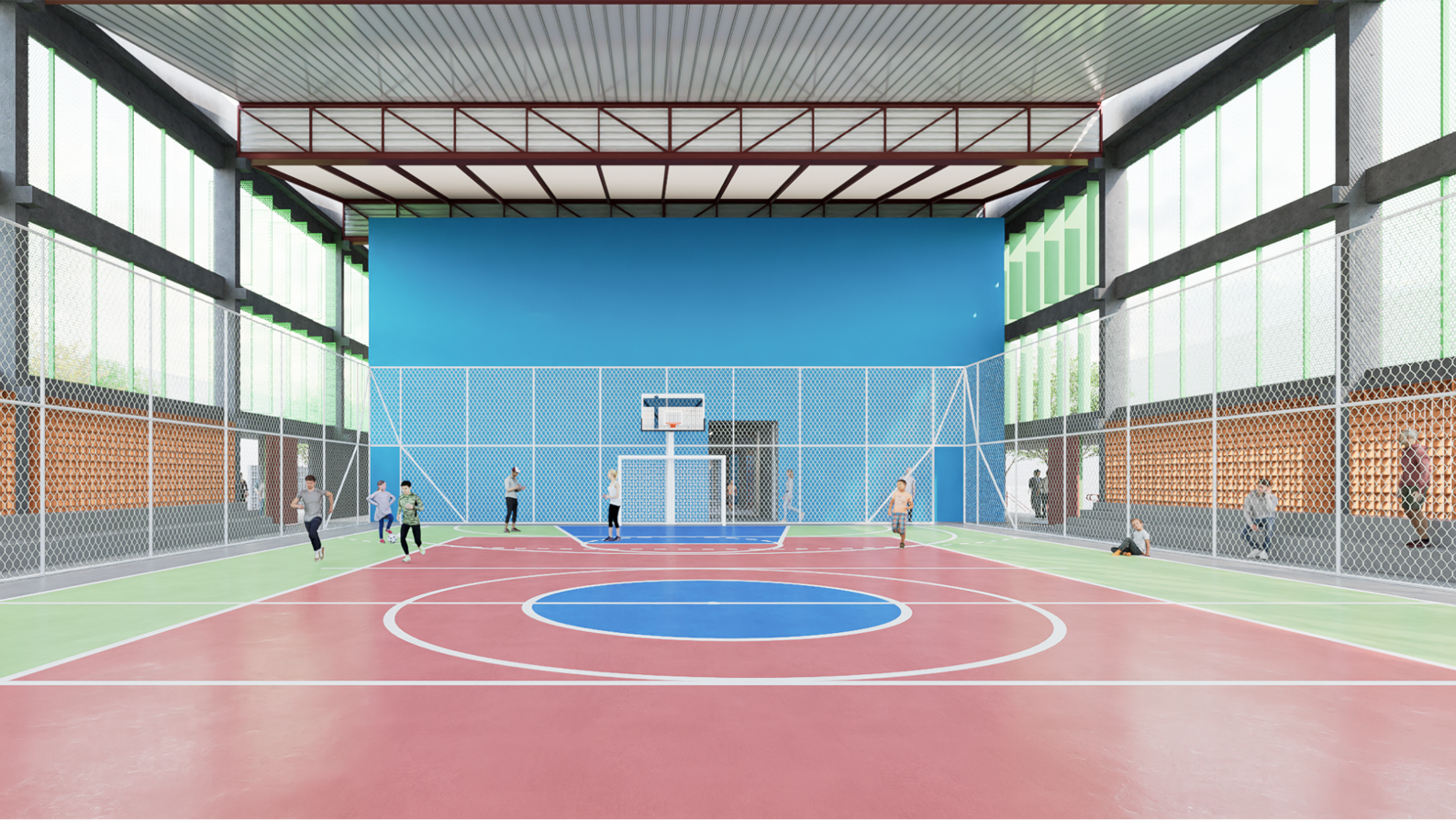 Quadra poliesportiva coberta com estrutura metálica e fechamentos translúcidos; uso educacional, render frontal.