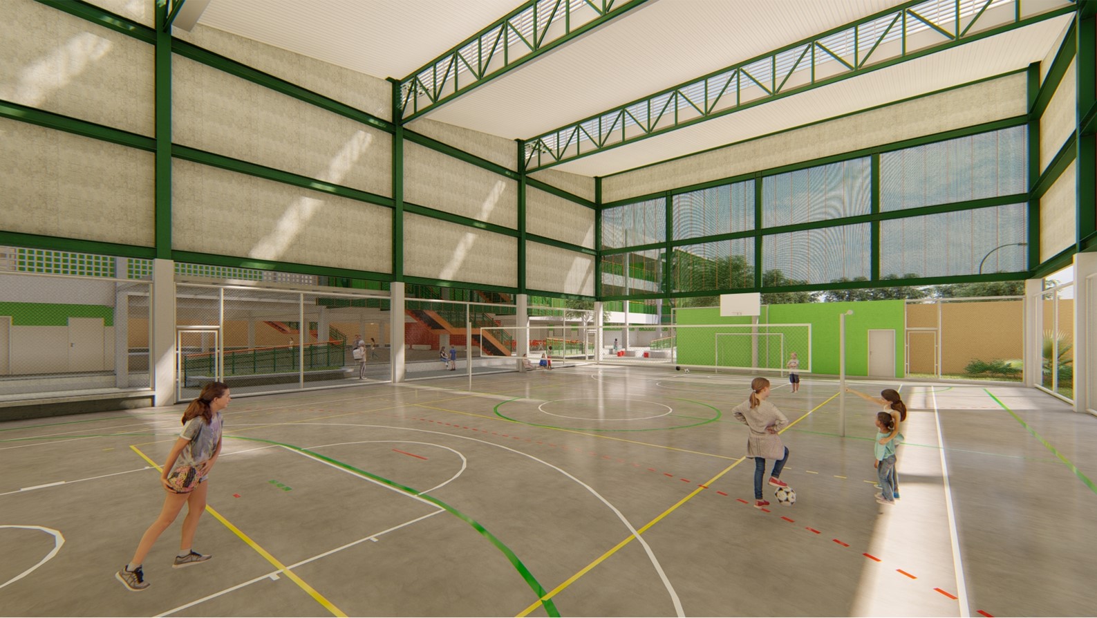 Quadra poliesportiva coberta em escola municipal, espaço educacional.