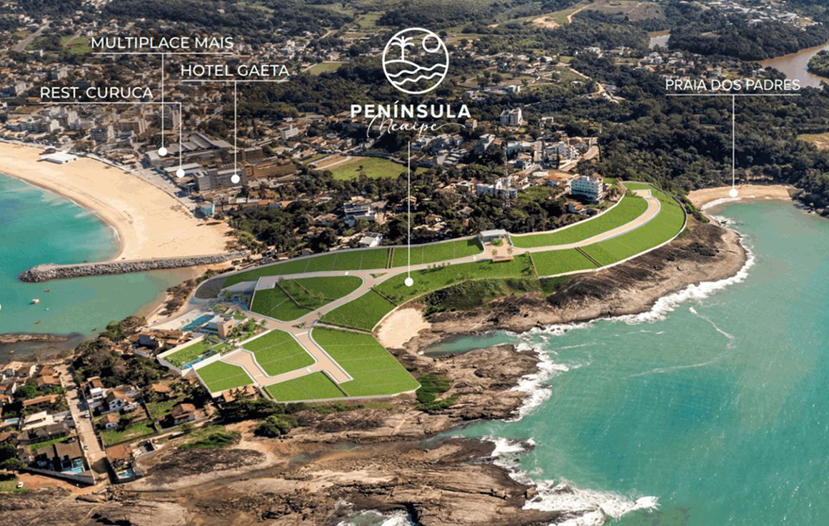 Vista aérea da Península Meaípe em Guarapari com identificação de marcos urbanos e acesso a praias.