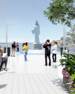 Espaço ampliado no Píer de Iemanjá em Vitória com visitantes ao redor do monumento.