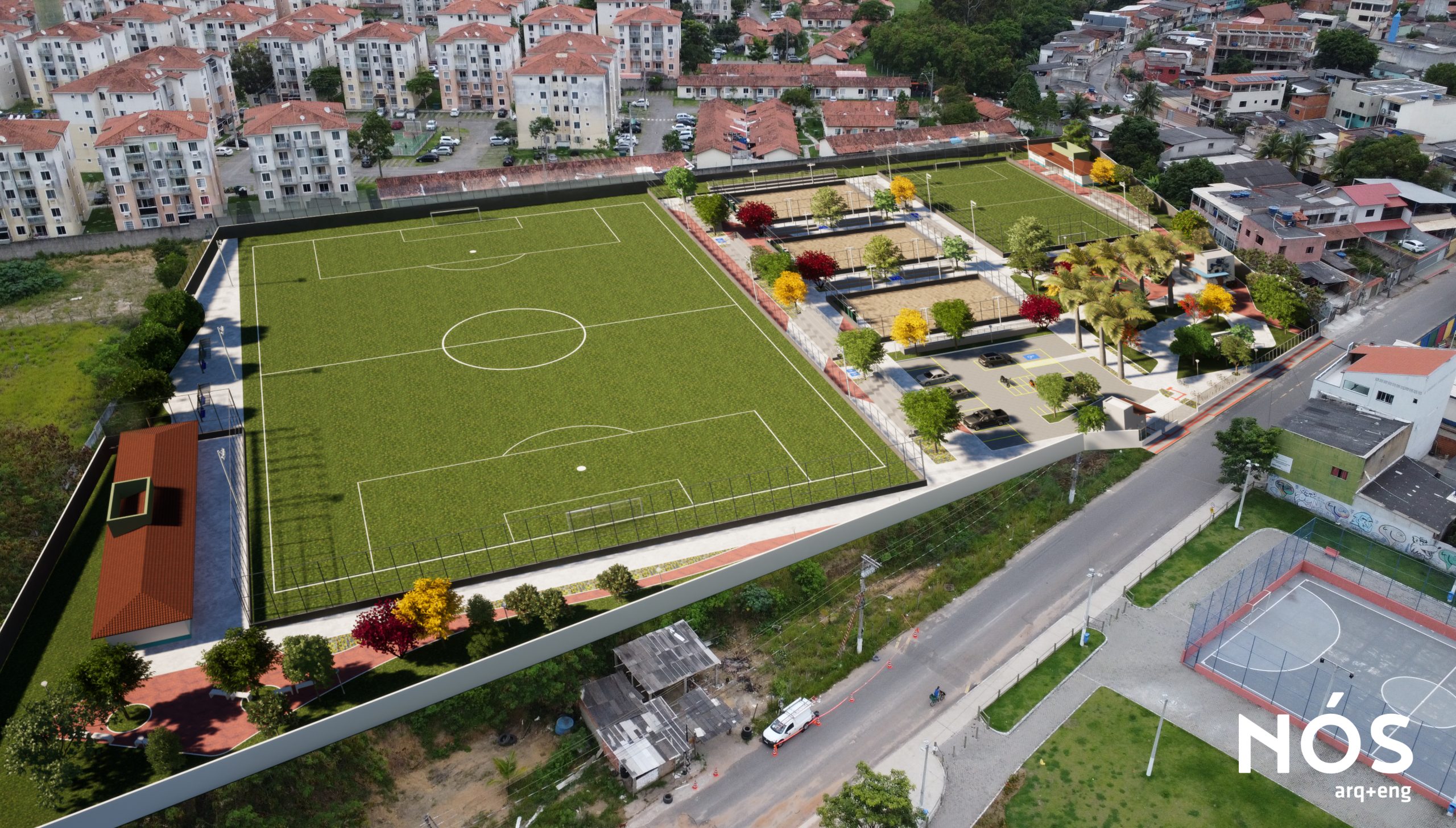 Vista aérea do complexo esportivo Canarinho em Serra (ES) com campo, vestiário, quadras e área de lazer arborizada.