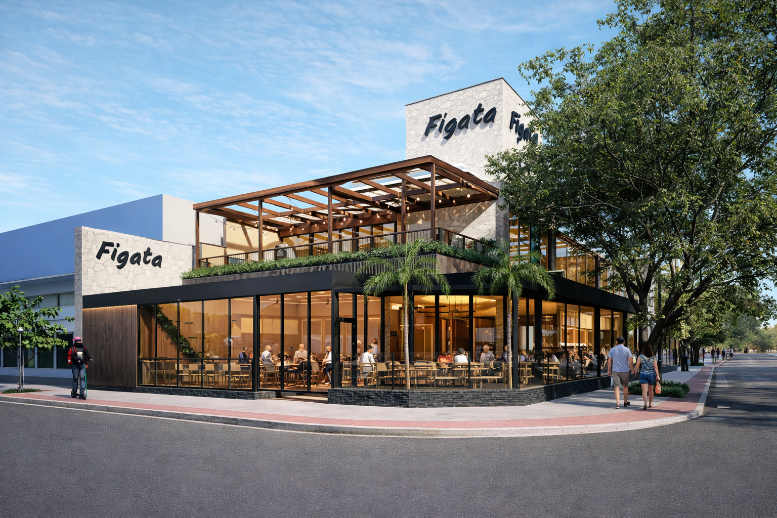 Fachada do restaurante Figata com caixilharia em vidro e pergolado em madeira, setor corporativo