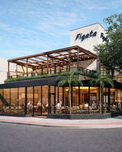 Fachada do restaurante Figata com caixilharia em vidro e pergolado em madeira, setor corporativo