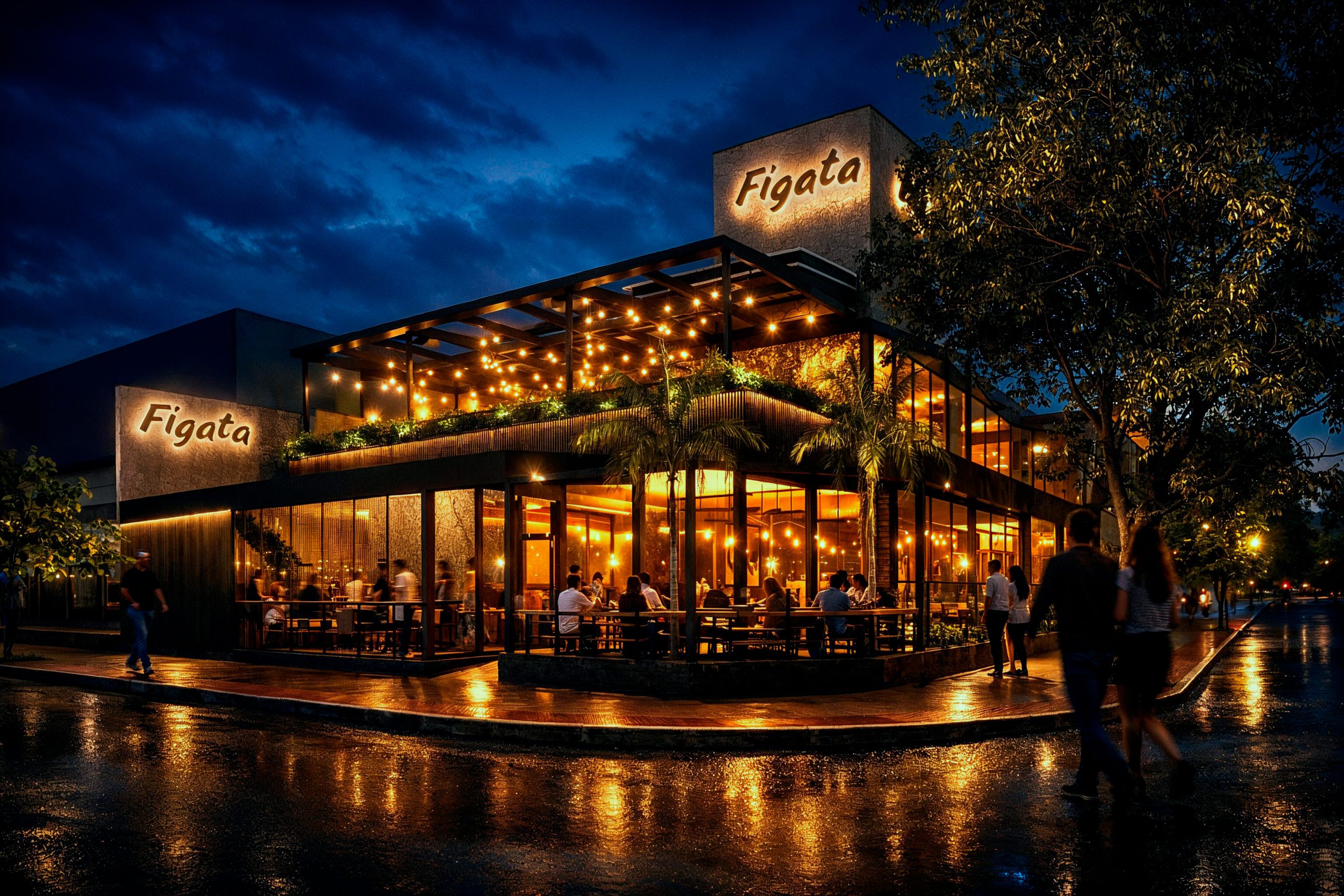 Fachada do restaurante Figata à noite com iluminação ambiente e pergolado