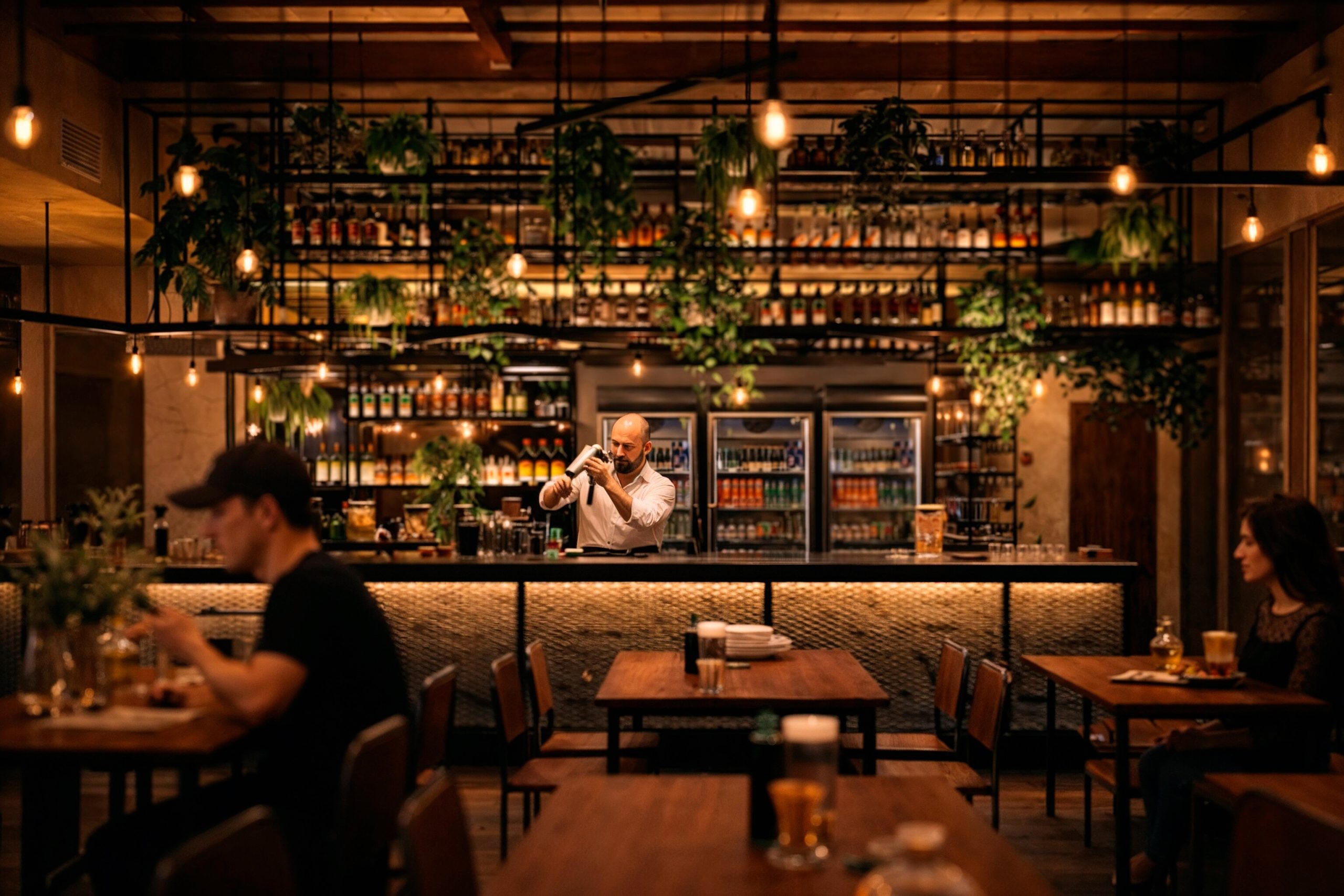 Bar central com prateleiras metálicas, iluminação pendente e vegetação integrada, setor corporativo