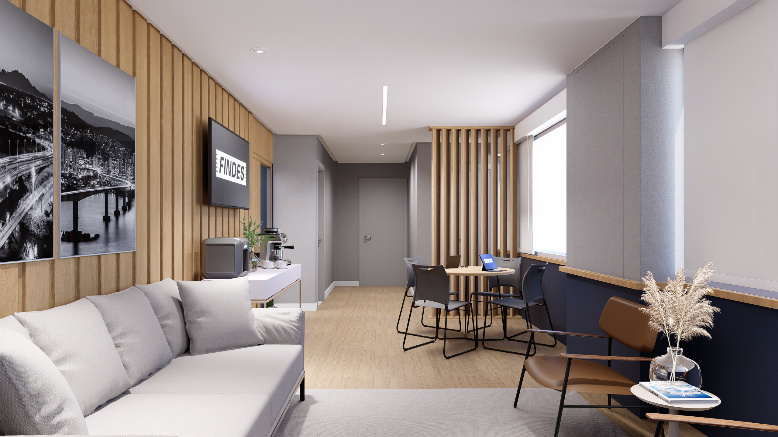 Lounge corporativo com sofá, marcenaria ripada, copa de apoio e área de convivência integrada ao plenário institucional