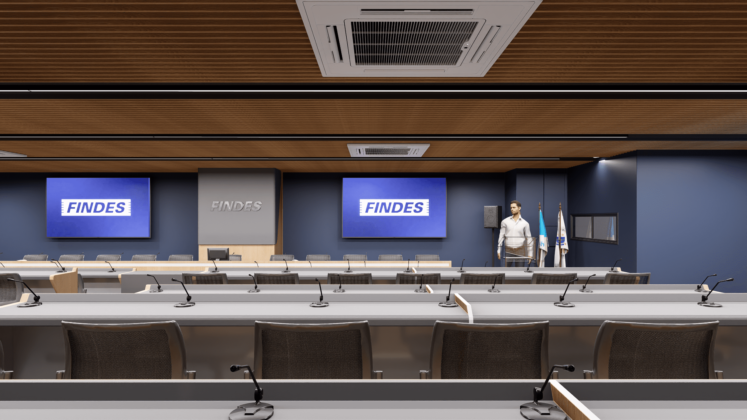 Plenário corporativo requalificado com mesas em madeira, microfones integrados, forro ripado e HVAC cassete; layout em auditório institucional